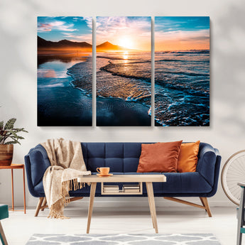 26494-MGV-CV-36X24-Ocean Sunset Wall Art – Scenic Beach Canvas Print with Waves and Mountains, Coastal Seascape Photography for Living Room, Bedroom