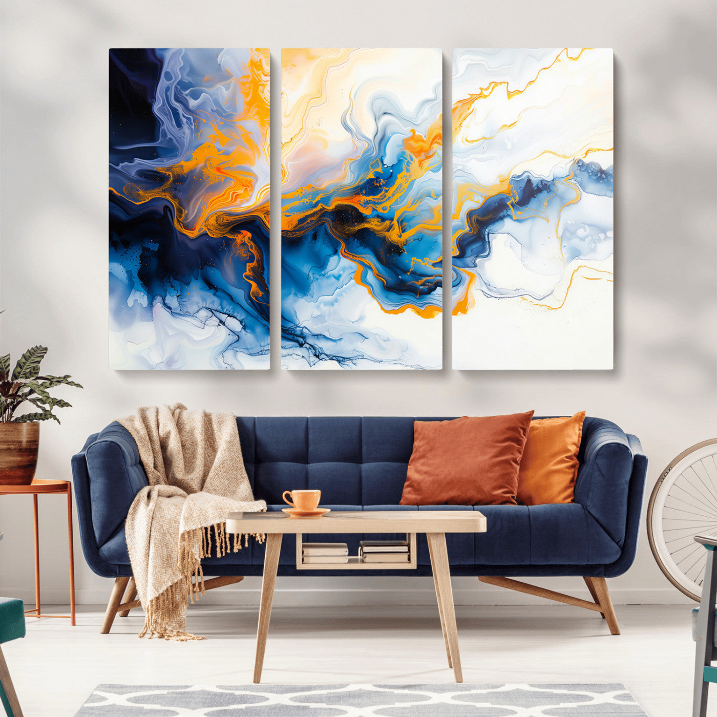 83720-MGV-CV-36X24-Abstract Fluid Wall Art – Blue, White and Gold Swirl Canvas Painting, Modern Contemporary Artwork for Living Room, Bedroom or