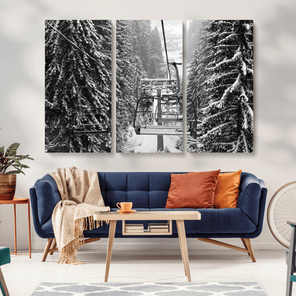 19240-MGV-CV-36X24-Ski Lift Wall Art – Black and White Winter Mountain Canvas Print, Snowy Forest Ski Resort Photography for Cabin, Lodge, Office or