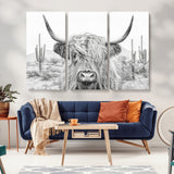 94579-MGV-CV-36X24-Highland Cow Wall Art – Black and White Longhorn Canvas Print, Rustic Western Farmhouse Animal Photography for Living Room,