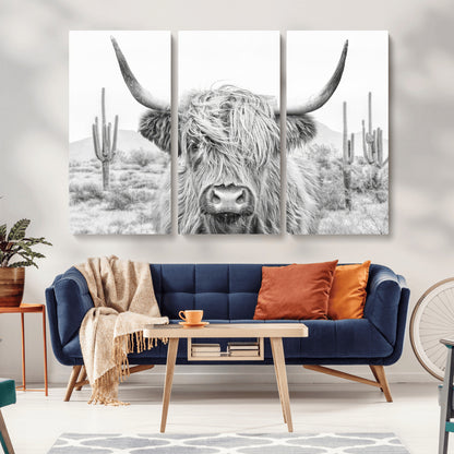 94579-MGV-CV-36X24-Highland Cow Wall Art – Black and White Longhorn Canvas Print, Rustic Western Farmhouse Animal Photography for Living Room,