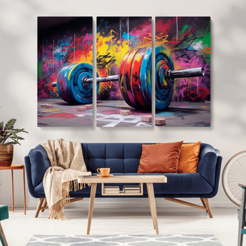 13549-MGV-CV-36X24-Graffiti Gym Wall Art Canvas Print, Framed Graffiti Barbell Art Picture Print, Weightlifting Perfect Fitness Studio Decor Artwork