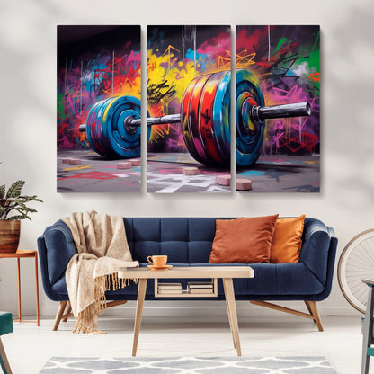 13549-MGV-CV-36X24-Graffiti Gym Wall Art Canvas Print, Framed Graffiti Barbell Art Picture Print, Weightlifting Perfect Fitness Studio Decor Artwork