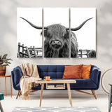 58188-MGV-CV-36X24-Highland Cow Wall Art – Black and White Rustic Farmhouse Canvas Print, Longhorn Cattle Photography Decor for Living Room or
