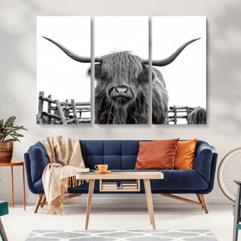 58188-MGV-CV-36X24-Highland Cow Wall Art – Black and White Rustic Farmhouse Canvas Print, Longhorn Cattle Photography Decor for Living Room or