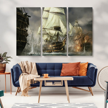 26512-MGV-CV-36X24-Naval Battle Wall Art – Dramatic Tall Ship Canvas Print, Historic Pirate Sailing War Scene, Nautical Decor for Office, Study or