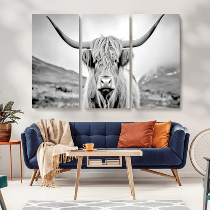 80564-MGV-CV-36X24-Highland Cow Wall Art – Black and White Scottish Highland Canvas Print, Rustic Farmhouse Decor for Living Room, Bedroom or Office