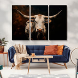 70522-MGV-CV-36X24-Longhorn Bull Wall Art – Striking Canvas Print of Majestic Bull, Premium Animal Decor for Home, Office, Man Cave, or Living Room