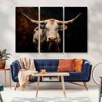 70522-MGV-CV-36X24-Longhorn Bull Wall Art – Striking Canvas Print of Majestic Bull, Premium Animal Decor for Home, Office, Man Cave, or Living Room