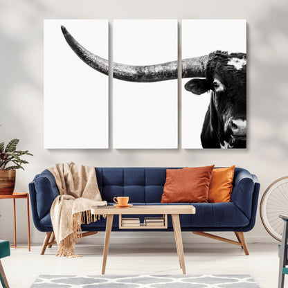 31699-MGV-CV-36X24-Longhorn Wall Art – Black and White Texas Longhorn Cow Canvas Print, Rustic Western Farmhouse Artwork for Living Room, Bedroom or
