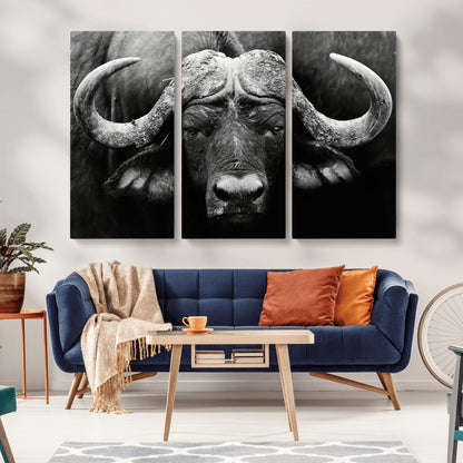 75273-MGV-CV-36X24-Buffalo Wall Art – Black and White African Buffalo Canvas Print, Rustic Wildlife Animal Artwork for Farmhouse, Living Room,