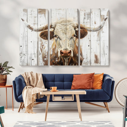 71551-MGV-CV-36X24-Longhorn Bull Wall Art – Rustic Western Cow Canvas Print, Farmhouse Animal Painting with Wood Plank Style for Living Room, Office