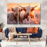 68253-MGV-CV-36X24-Highland Cow Wall Art – Rustic Farmhouse Cattle Canvas Print, Frosty Sunset Animal Artwork for Living Room, Bedroom or Country