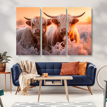 68253-MGV-CV-36X24-Highland Cow Wall Art – Rustic Farmhouse Cattle Canvas Print, Frosty Sunset Animal Artwork for Living Room, Bedroom or Country