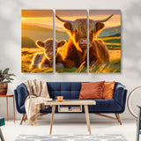20567-MGV-CV-36X24-Highland Cow and Calf Wall Art – Rustic Farmhouse Sunset Cattle Canvas Print, Country Animal Artwork for Living Room, Bedroom, or