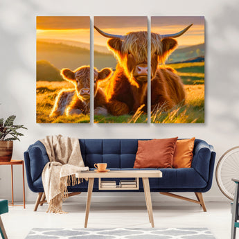 20567-MGV-CV-36X24-Highland Cow and Calf Wall Art – Rustic Farmhouse Sunset Cattle Canvas Print, Country Animal Artwork for Living Room, Bedroom, or