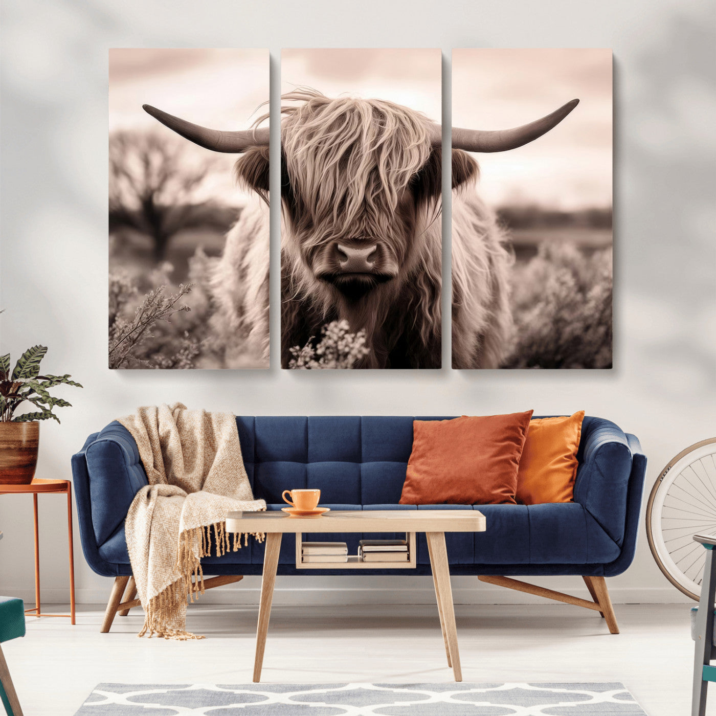 55903-MGV-CV-36X24-Highland Cow Wall Art – Rustic Sepia Scottish Highland Bull Canvas Print, Farmhouse Country Animal Decor for Living Room, Bedroom