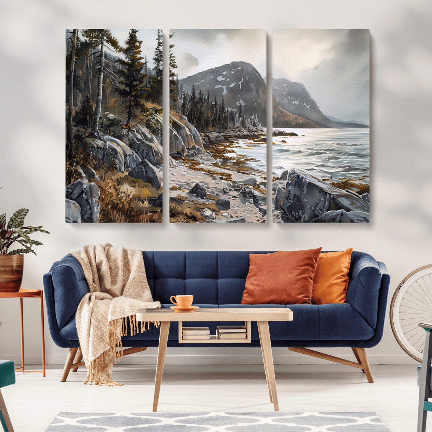 41281-MGV-CV-36X24-Rocky Shoreline Wall Art – Panoramic Mountain Coast and Forest Canvas Print, Rustic Nature Landscape Decor for Cabin, Lodge, or