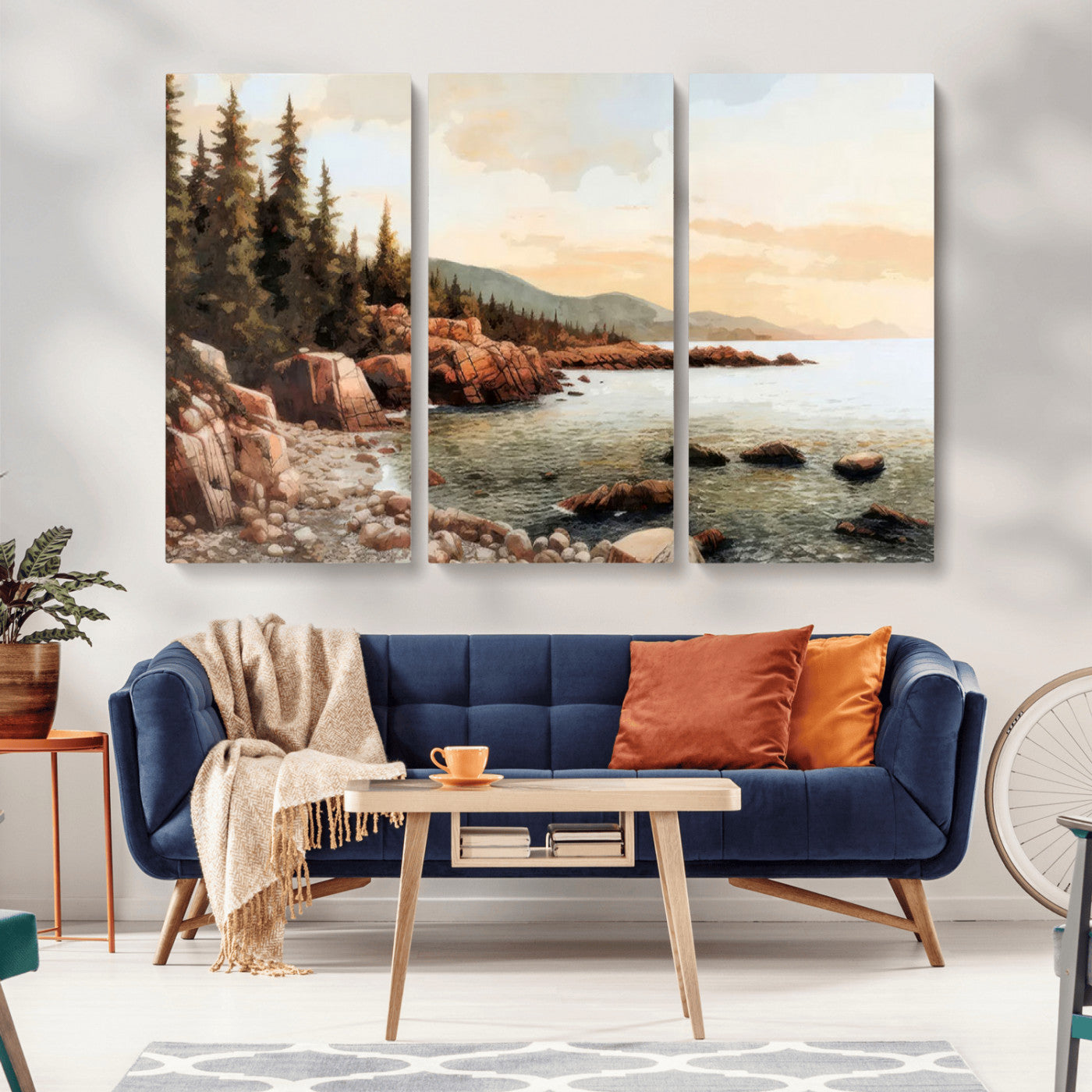 77145-MGV-CV-36X24-Coastal Landscape Wall Art – Panoramic Rocky Shoreline and Pine Trees Canvas Print, Rustic Nature Decor for Cabin, Lodge, Office,