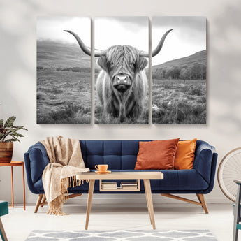 52903-MGV-CV-36X24-Highland Cow Wall Art – Black and White Canvas Print Rustic Cattle Portrait, Farmhouse Country Decor for Living Room, Office,