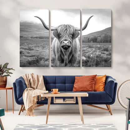 52903-MGV-CV-36X24-Highland Cow Wall Art – Black and White Canvas Print Rustic Cattle Portrait, Farmhouse Country Decor for Living Room, Office,