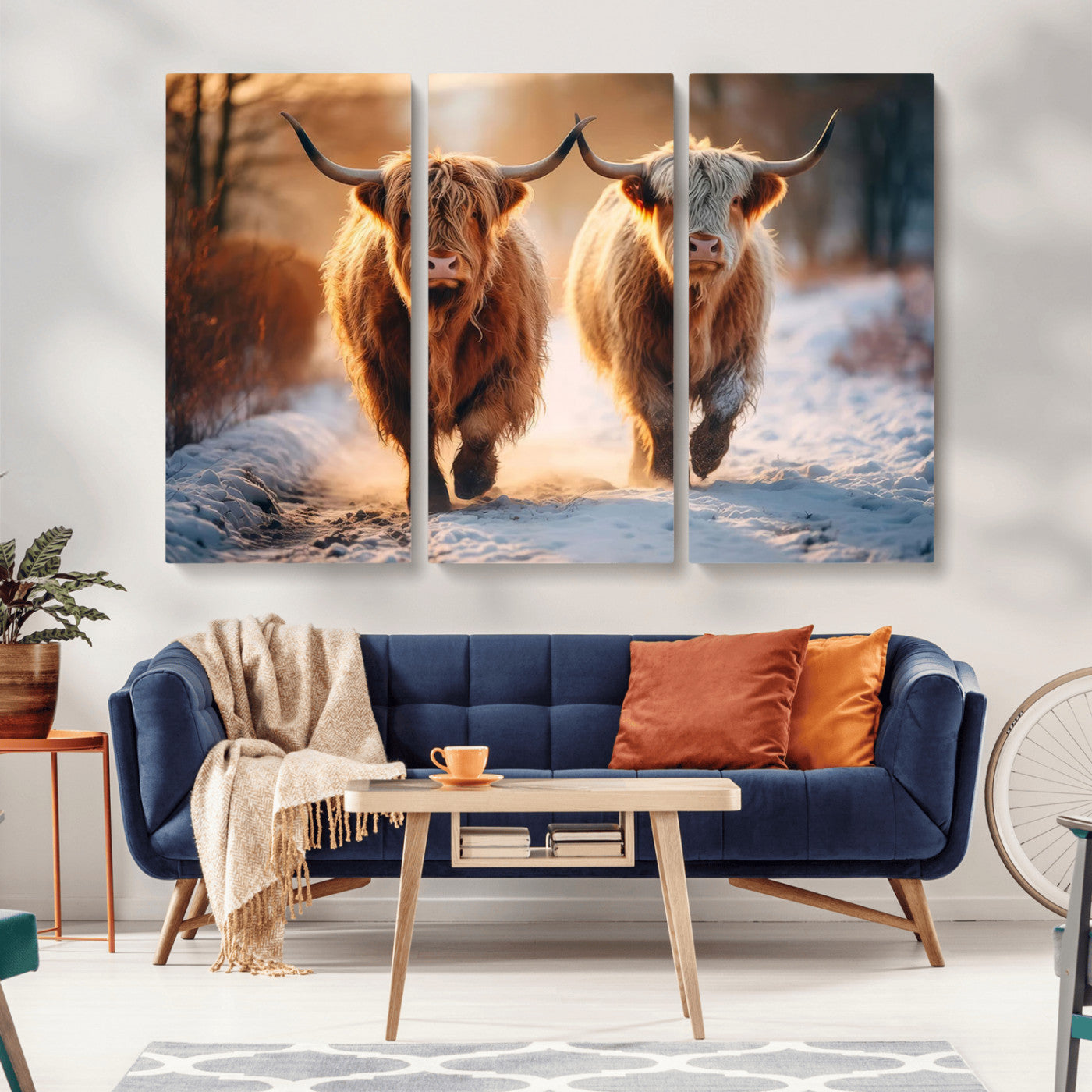 94810-MGV-CV-36X24-Highland Cow Wall Art – Rustic Canvas Print Two Cattle Snow Path Sunset, Farmhouse Country Decor for Living Room, Bedroom, Office,