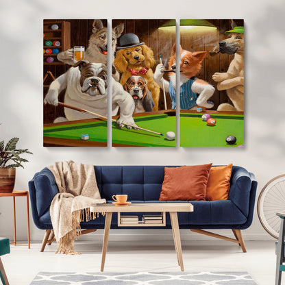 34228-MGV-CV-36X24-Dogs Playing Pool Wall Art Canvas Print, Framed Funny Dog Art Picture Print, Dog Perfect Game Room Decor Artwork