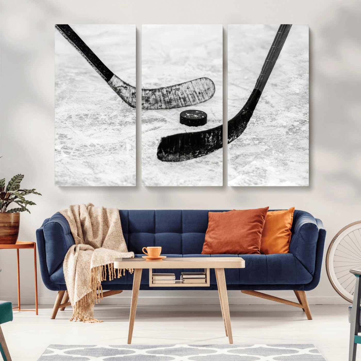 82900-MGV-CV-36X24-Hockey Wall Art – Black and White Canvas Print Ice Rink Sticks Puck Sports Photography, Modern Decor for Game Room, Man Cave,