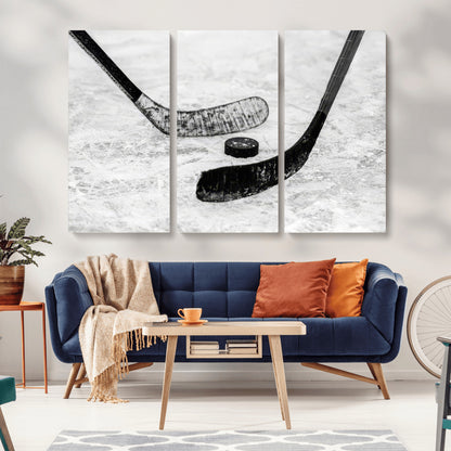 82900-MGV-CV-36X24-Hockey Wall Art – Black and White Canvas Print Ice Rink Sticks Puck Sports Photography, Modern Decor for Game Room, Man Cave,