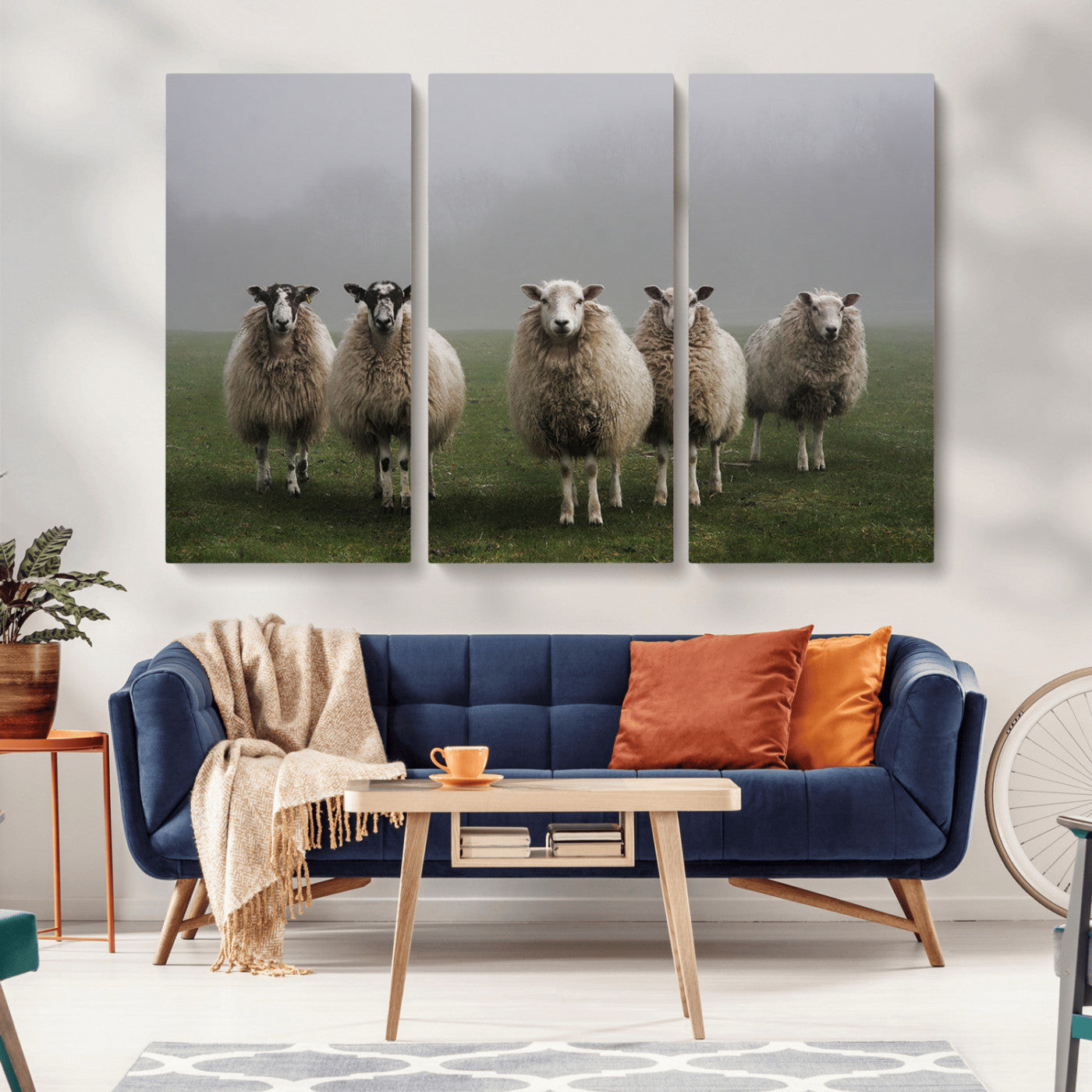 87339-MGV-CV-36X24-Sheep Wall Art – Rustic Farmhouse Canvas Print Flock Standing Misty Field Countryside Photography, Country Animal Decor for Living