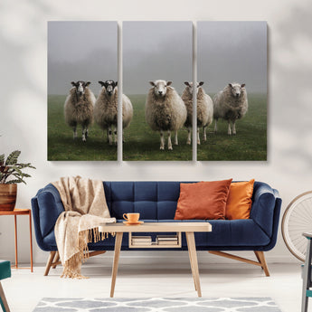 87339-MGV-CV-36X24-Sheep Wall Art – Rustic Farmhouse Canvas Print Flock Standing Misty Field Countryside Photography, Country Animal Decor for Living