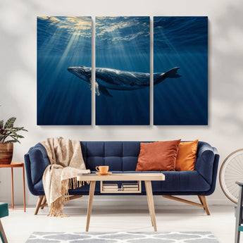 18052-MGV-CV-36X24-Whale Wall Art – Majestic Ocean Canvas Print Marine Life Underwater Sunlight Scene, Nautical Coastal Decor for Living Room,