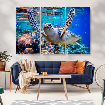 12683-MGV-CV-36X24-Sea Turtle Wall Art – Graceful Ocean Canvas Print with Coral Reef and Tropical Fish, Coastal Marine Life Decor for Beach House,