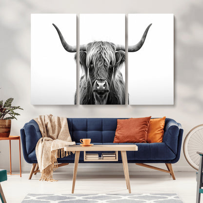 49556-MGV-CV-36X24-Highland Cow Wall Art – Black and White Scottish Highland Cattle Print, Rustic Farmhouse Minimalist Animal Portrait Canvas for