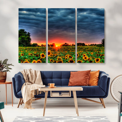 45045-MGV-CV-36X24-Sunflower Field Sunset Wall Art – Dramatic Stormy Sky Landscape Print, Vibrant Yellow Floral Nature Canvas for Living Room,