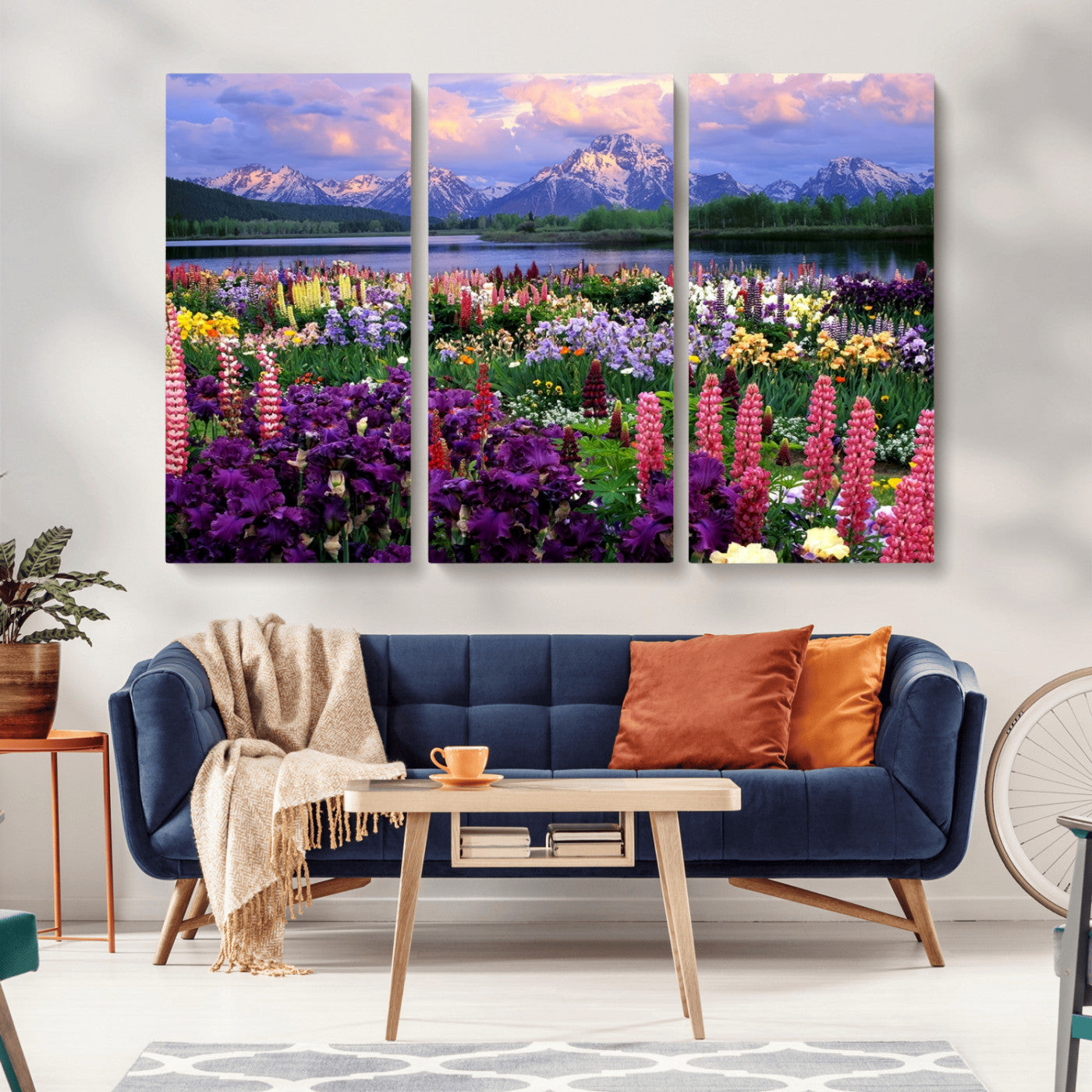 82270-MGV-CV-36X24-Colorful Wildflower Meadow Landscape Wall Art – Snow-Capped Mountain Lake Sunset Print, Vibrant Nature Artwork for Living Room,