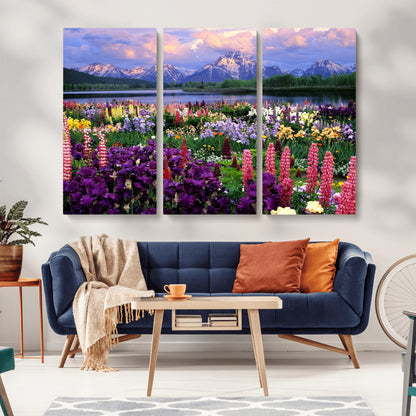 82270-MGV-CV-36X24-Colorful Wildflower Meadow Landscape Wall Art – Snow-Capped Mountain Lake Sunset Print, Vibrant Nature Artwork for Living Room,