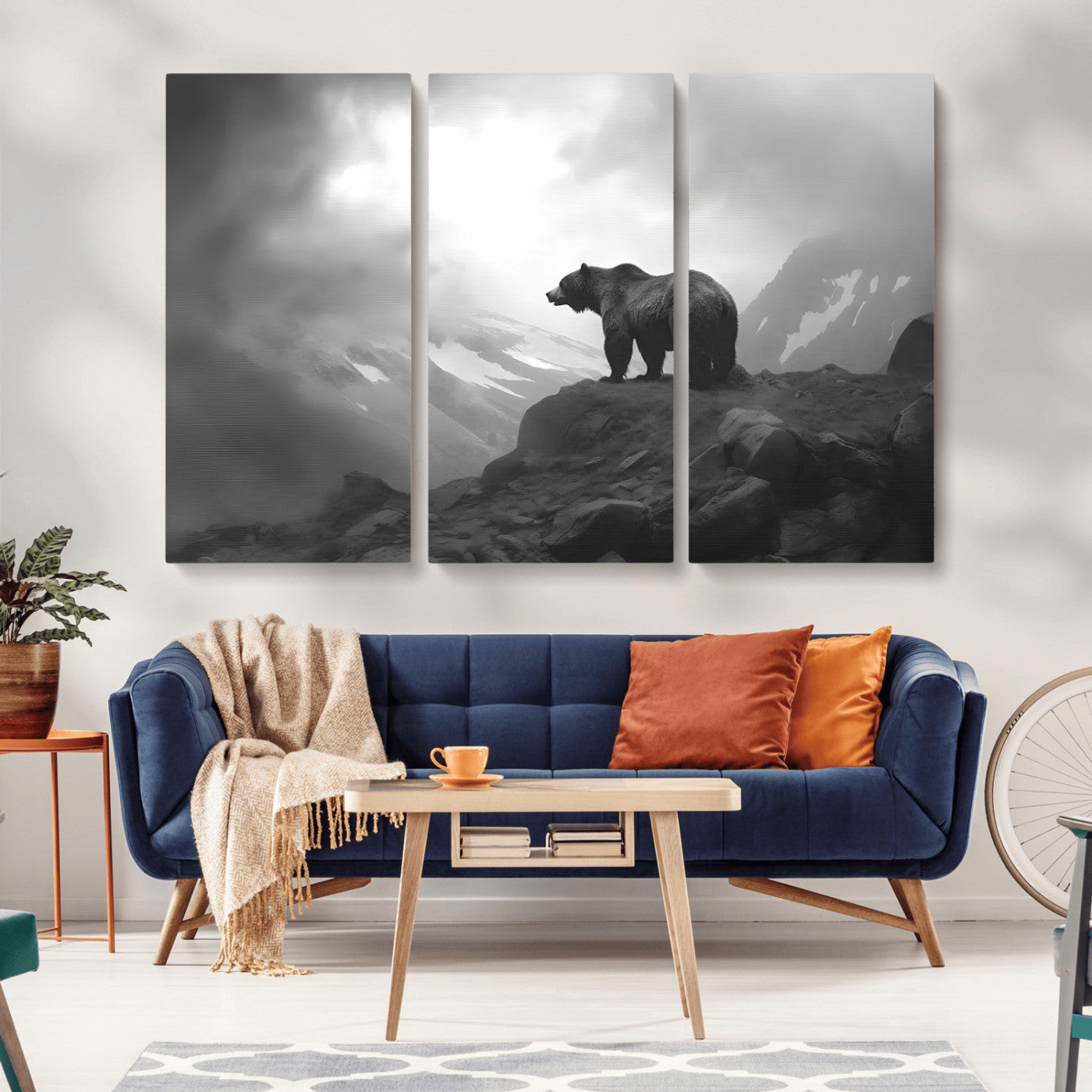 49504-MGV-CV-36X24-Black and White Grizzly Bear Wall Art – Wilderness Wildlife Painting, Rustic Mountain Cabin Decor, Monochrome Animal Print for