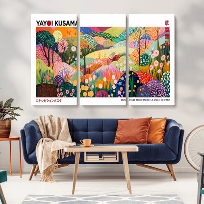 75201-MGV-CV-36X24-Yayoi Kusama Floral Wall Art – Vibrant Abstract Landscape Canvas Print, Modern Pop Art Poster for Living Room, Bedroom, or Gallery