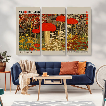 38013-MGV-CV-36X24-Yayoi Kusama Inspired Mushroom Garden Wall Art – Whimsical Botanical Canvas Print, Surreal Nature Poster, Fantasy Floral Artwork