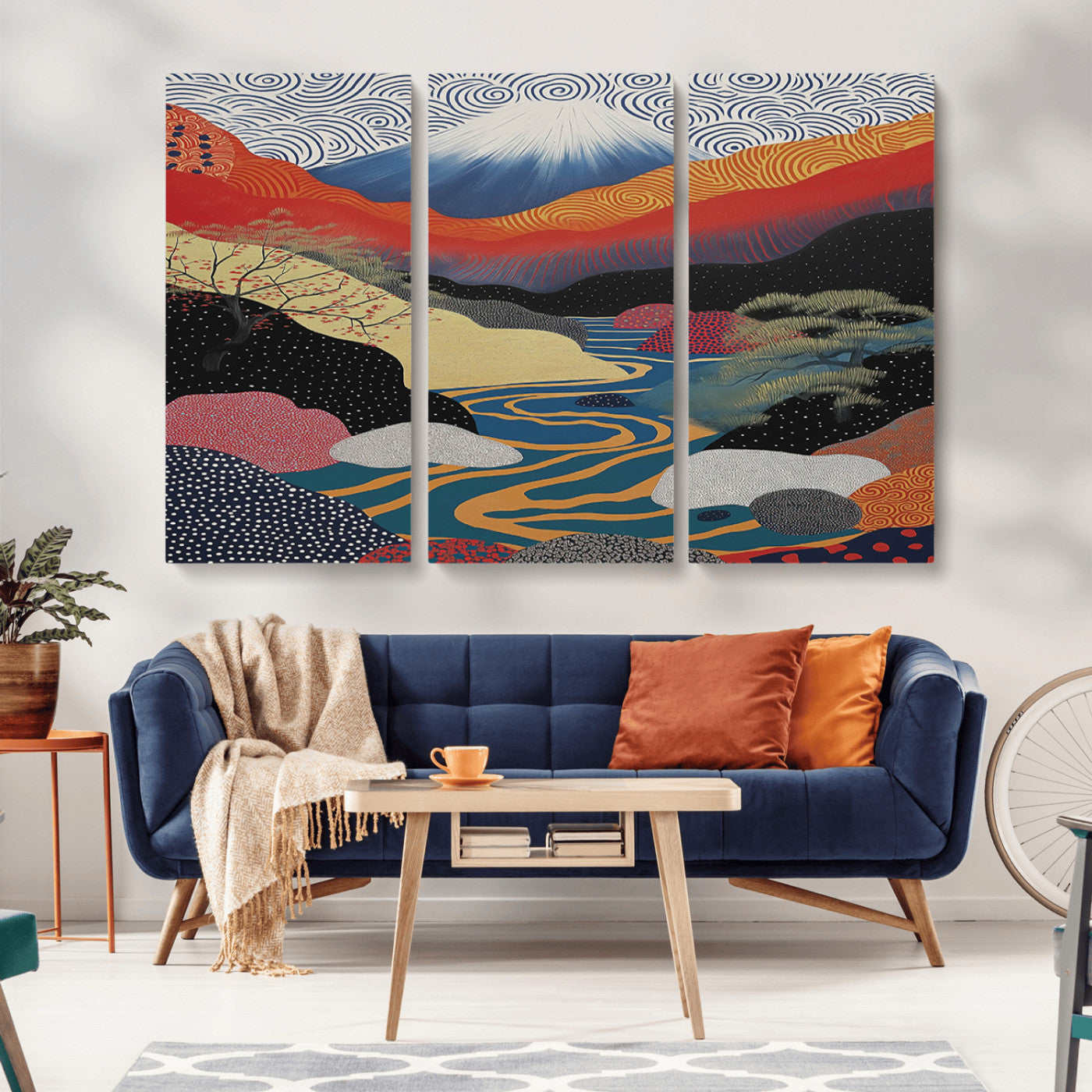 22313-MGV-CV-48X32-3P-Yayoi Kusama Wall Art – Abstract Mount Fuji Landscape Canvas Print, Vibrant Japanese Nature Scene with River, Mountains and Sky