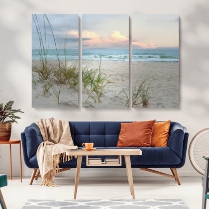 Test1001-MGV-CV-36X24-Coastal Beach Wall Art – Panoramic Ocean Waves and Sandy Dunes Canvas Print, Serene Seascape with Sea Oats for Relaxing Home or