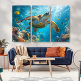 37623-MGV-CV-36X24-Sea Turtle Wall Art – Underwater Ocean Canvas Print with Coral Reef and Tropical Fish, Marine Life Painting Poster for Living