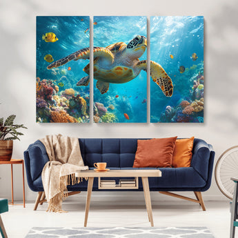 37623-MGV-CV-36X24-Sea Turtle Wall Art – Underwater Ocean Canvas Print with Coral Reef and Tropical Fish, Marine Life Painting Poster for Living
