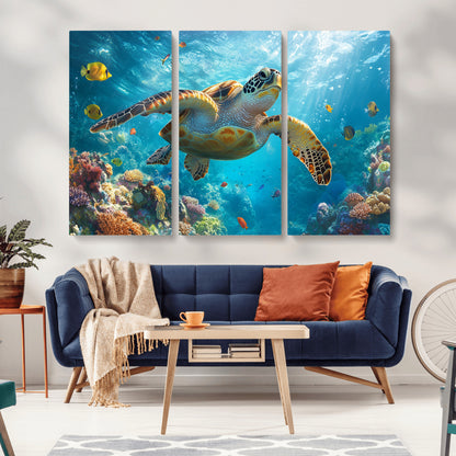 37623-MGV-CV-36X24-Sea Turtle Wall Art – Underwater Ocean Canvas Print with Coral Reef and Tropical Fish, Marine Life Painting Poster for Living