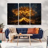 60194-MGV-CV-36X24-Glowing Tree Wall Art – Golden Roots Fantasy Canvas Print, Mystical Illuminated Tree Painting Poster for Living Room, Bedroom,