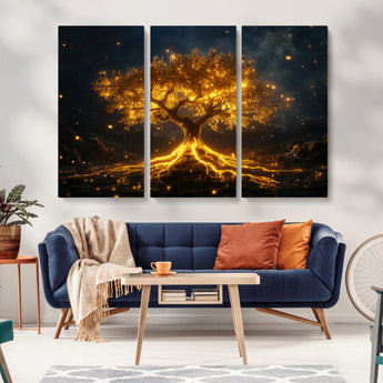 60194-MGV-CV-36X24-Glowing Tree Wall Art – Golden Roots Fantasy Canvas Print, Mystical Illuminated Tree Painting Poster for Living Room, Bedroom,