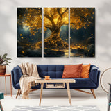 92739-MGV-CV-36X24-Glowing Tree Wall Art – Enchanted Golden Forest Canvas Print, Mystical Illuminated Nature Painting Poster for Living Room,