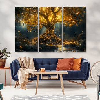92739-MGV-CV-36X24-Glowing Tree Wall Art – Enchanted Golden Forest Canvas Print, Mystical Illuminated Nature Painting Poster for Living Room,