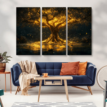 59580-MGV-CV-36X24-Glowing Tree Wall Art – Golden Fantasy Nature Canvas Print, Mystical Illuminated Tree Painting Poster for Living Room, Bedroom,